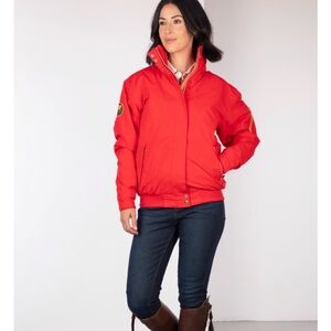 Rydale red hooded jacket with embroidered crest and gold details